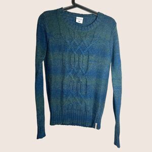 💙 COLUMBIA CABLE KNIT MARLED BLUE GREEN WOOL BLEND LS CREW NECK SWEATER MEDIUM